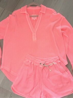 aerie Neon Pink Waffle Knit Loungewear Set